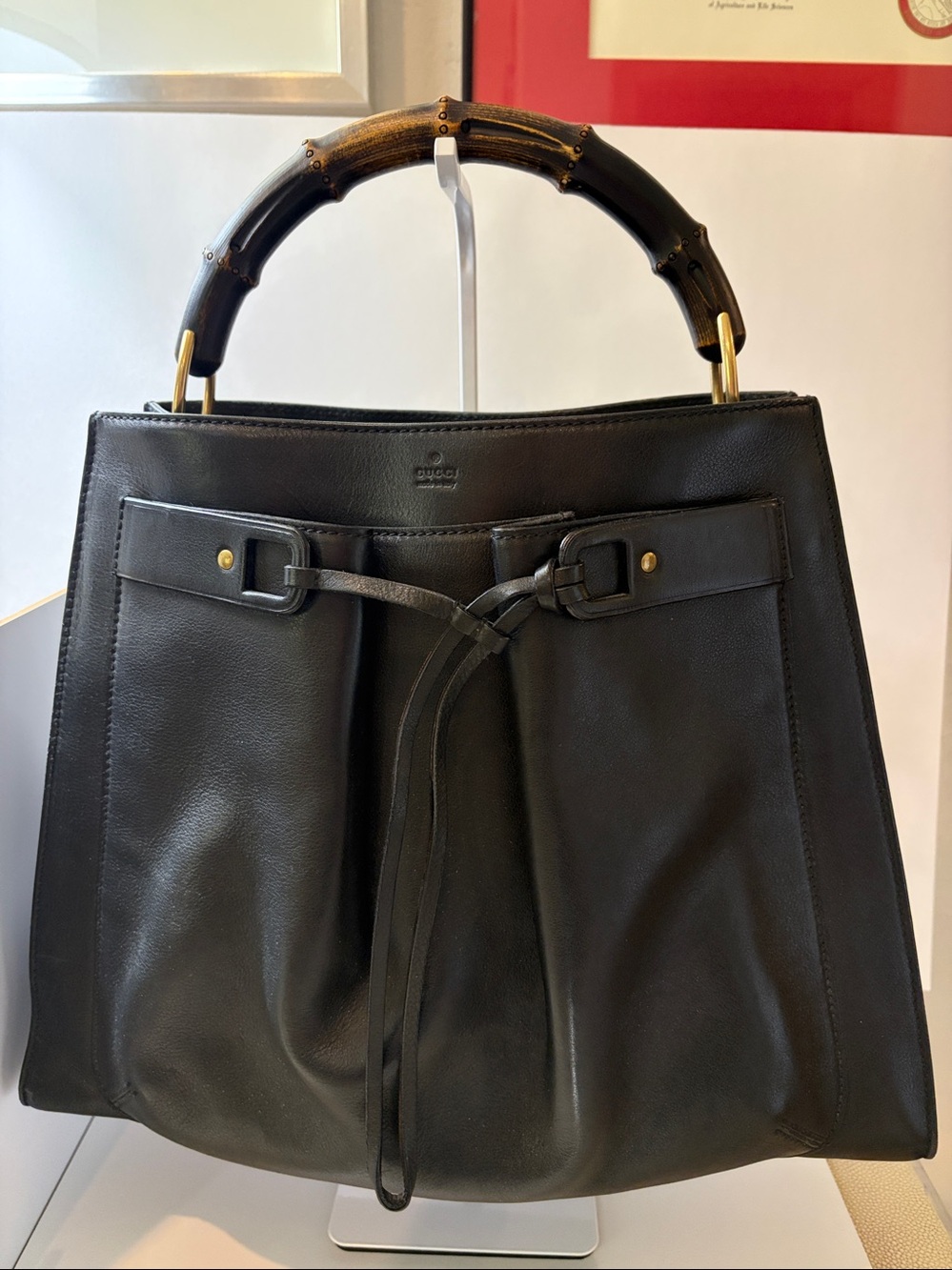 Y2K Vintage Gucci Black Leather Tote with Bamboo Top Handle